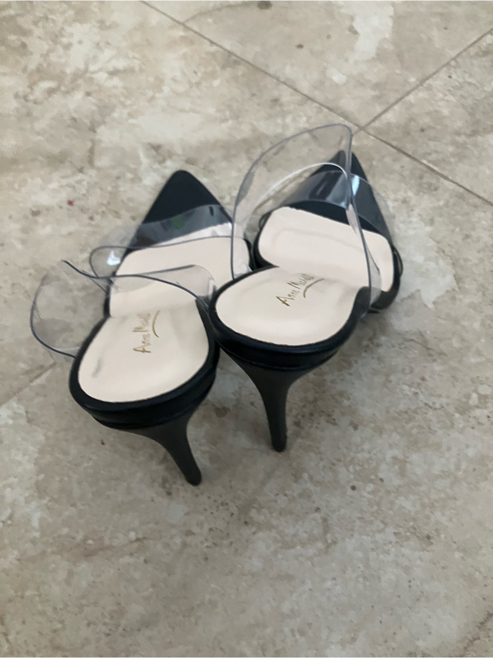 Anne Michelle Black Pointed Mule Heels with Clear Straps - Picture 3 of 6